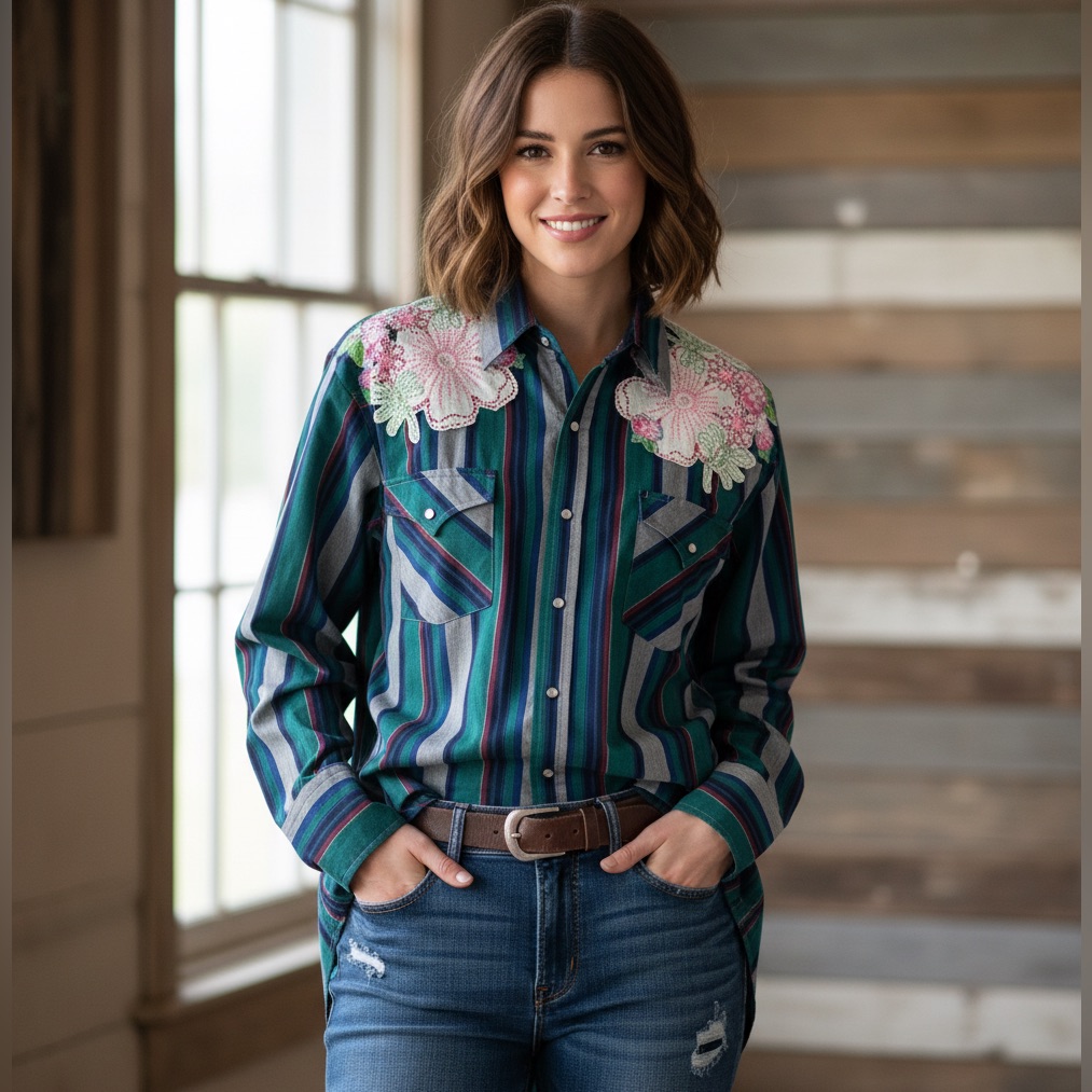Vintage Western Ely Cattleman Long Sleeved Shirt With Embroidered Flowers